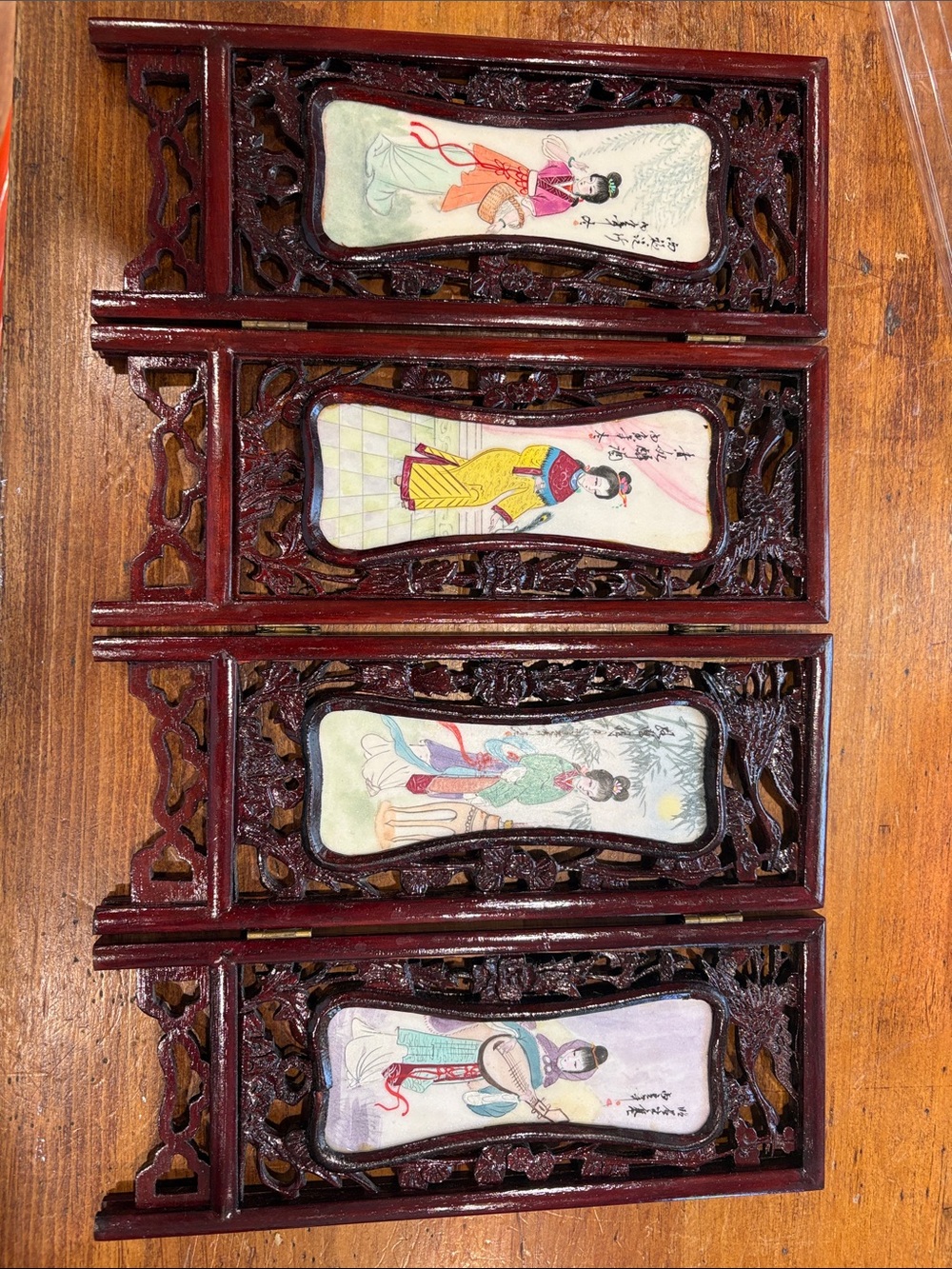 Vintage Hand-Painted Chinese Wooden Panel Set - Multicolor Porcelain Inlays